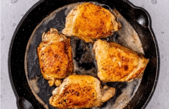 Step 3- Sear and serve
Remove the chicken thighs from the bags and discard the aromatics. Heat butter in a skillet on high heat. Sear the chicken thighs evenly on all sides for a total of 2 minutes.